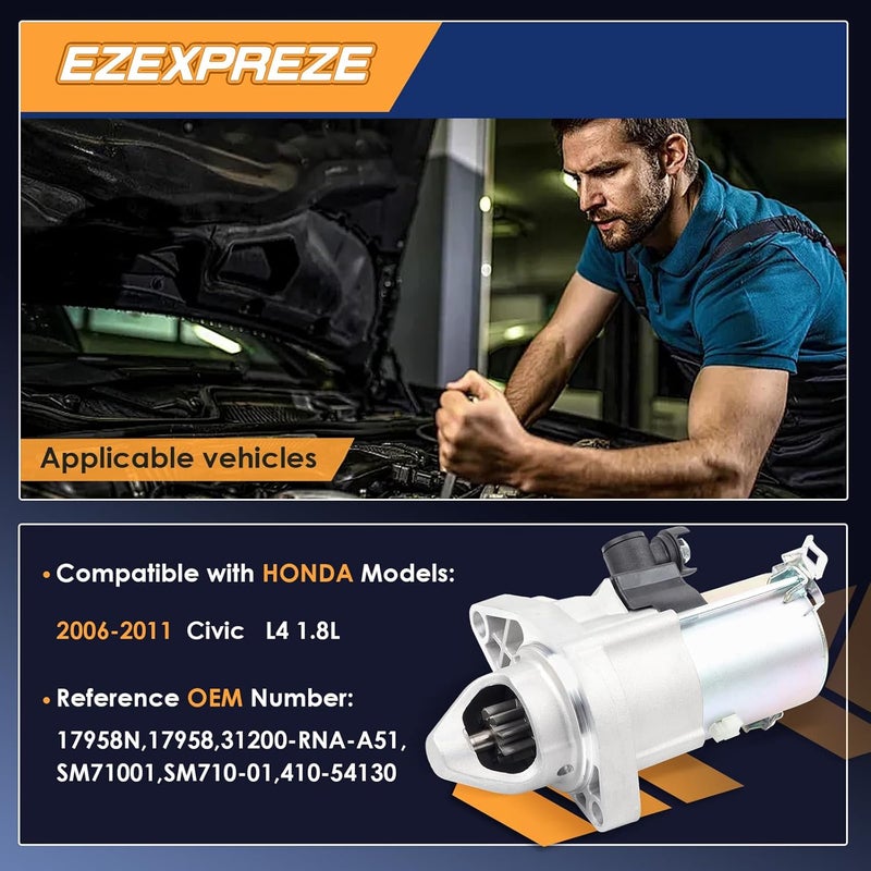 E EZEXPREZE إيزي إكسبريز 17958N بادئ متوافق مع هوندا سيفيك 2006 2007 2008 2009 2010 2011 1.8 لتر، 12 فولت 1.2 كيلو واط 9 أسنان في اتجاه عقارب الساعة، رقم OE#، 31200-RNA-A51، SM71001، 41054130 - Image 2